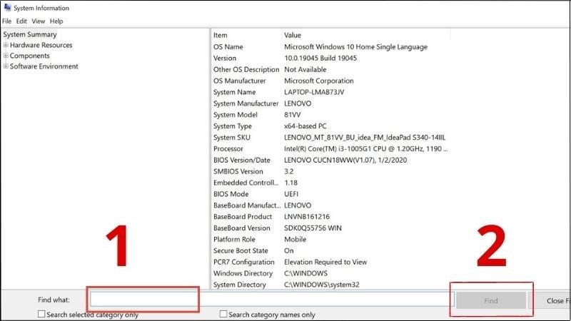 Tìm kiếm thông tin cấu hình laptop trong System Information
