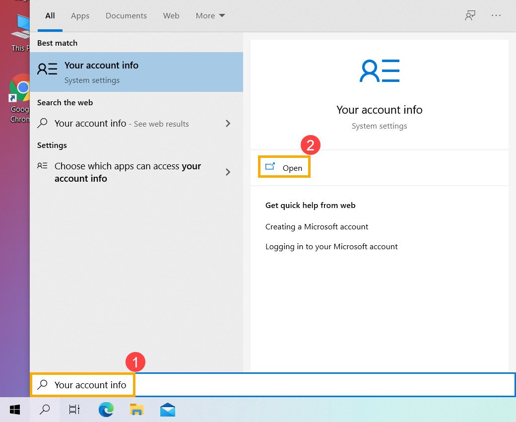 Tìm kiếm "Thông tin tài khoản của bạn" trên Windows 10 để thay đổi mật khẩu