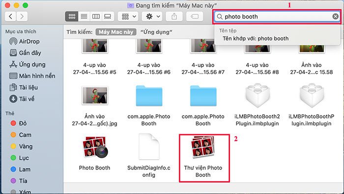 tìm kiếm thư viện Photo Booth trong Finder để quản lý ảnh chụp photobooth trên laptop
