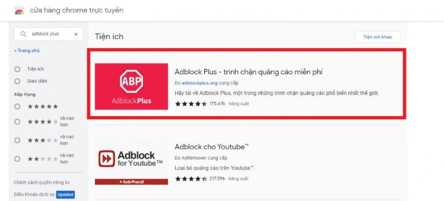 Tìm kiếm tiện ích Adblock Plus để nghe nhạc không quảng cáo trên laptop