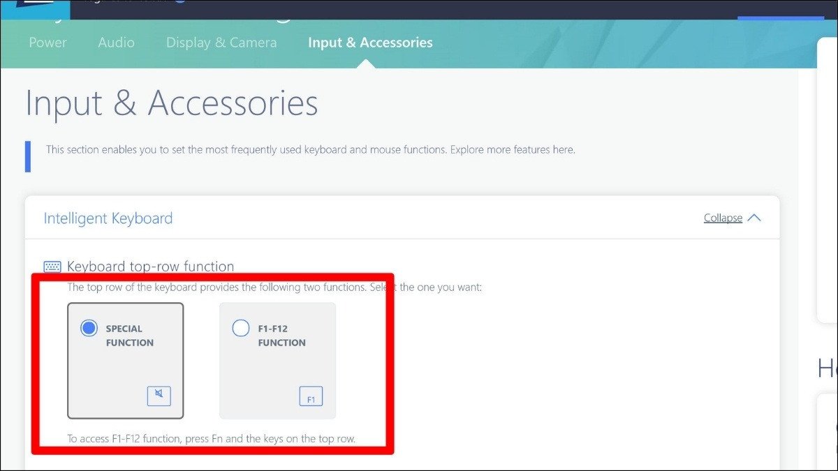 Tìm kiếm tùy chọn Keyboard top-row function và tick vào tùy chọn phù hợp