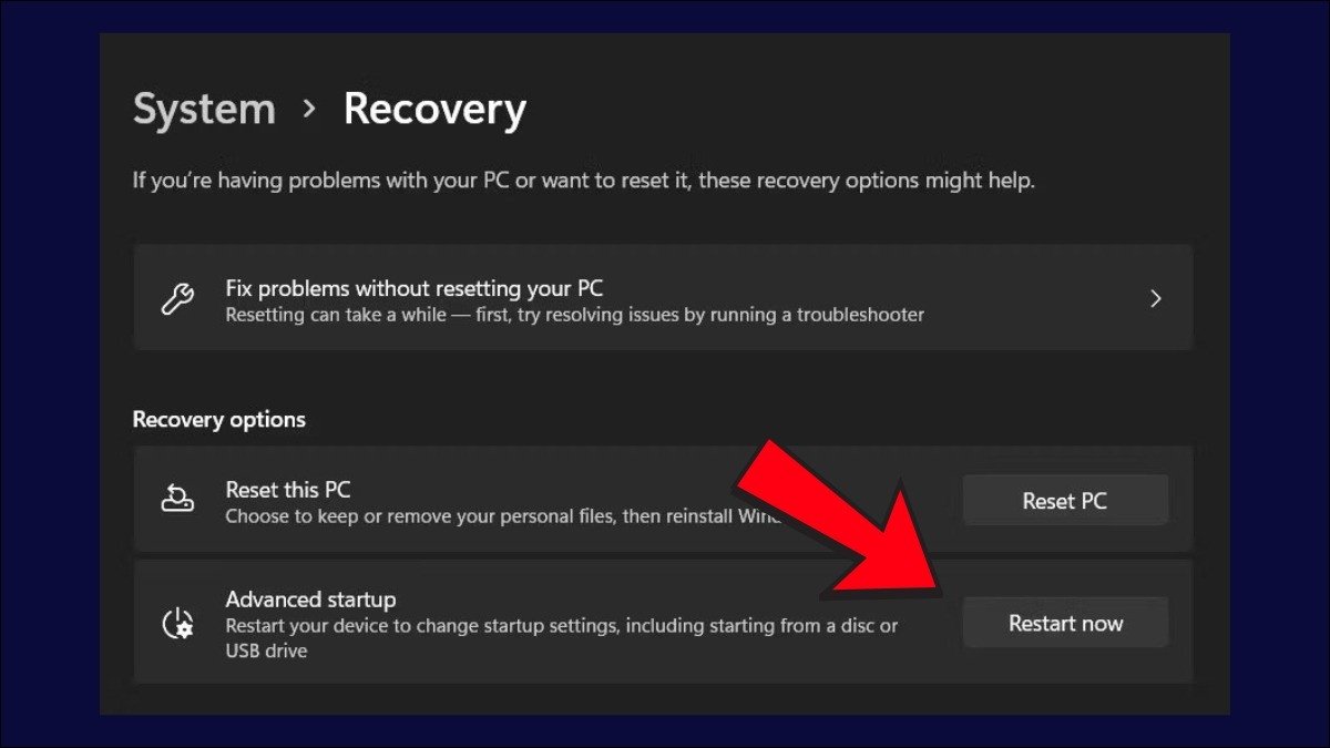 Tìm kiếm tùy chọn Recovery để truy cập UEFI trên Windows 11