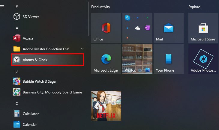 Tìm kiếm ứng dụng Báo thức & Đồng hồ để cài báo thức trên laptop Windows 10