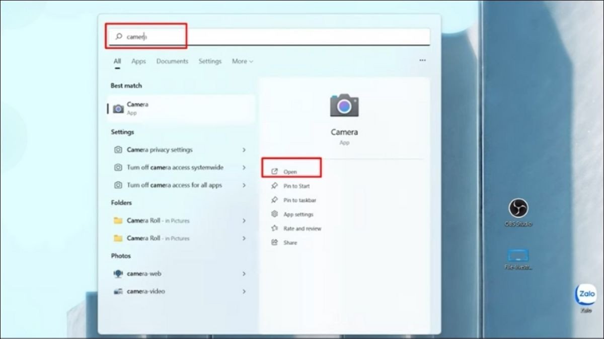 Tìm kiếm ứng dụng Camera trên laptop Windows 11 để bật tính năng quay chụp