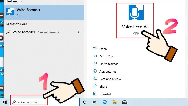 Tìm kiếm ứng dụng Voice Recorder trên thanh Start của Windows 10