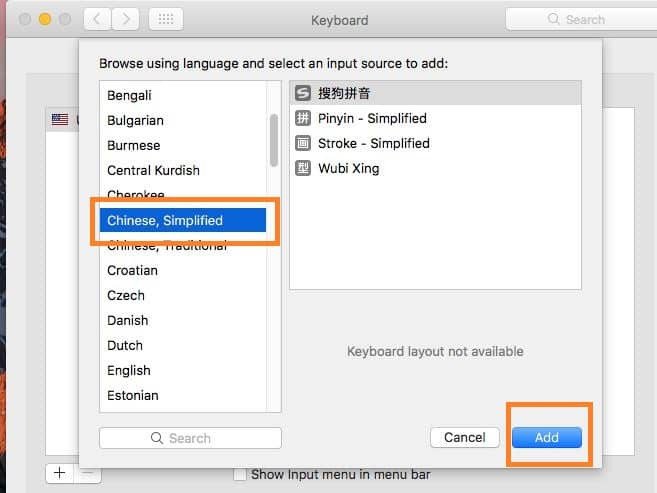 Tìm kiếm và chọn Chinese, Simplified để kích hoạt bàn phím Pinyin trên MacBook