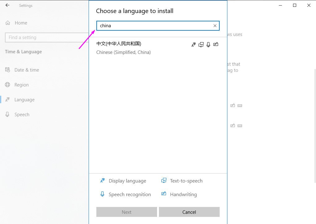 Tìm kiếm và chọn ngôn ngữ Chinese (Simplified) để thêm bộ gõ Pinyin vào laptop Windows
