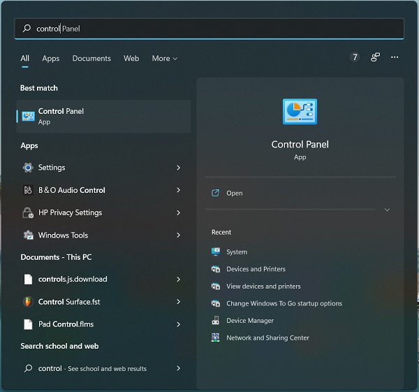 Tìm kiếm và mở Control Panel