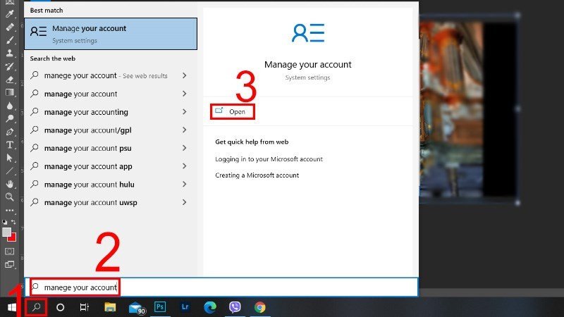 Tìm kiếm và mở Manage your account để cấu hình tắt khóa màn hình laptop