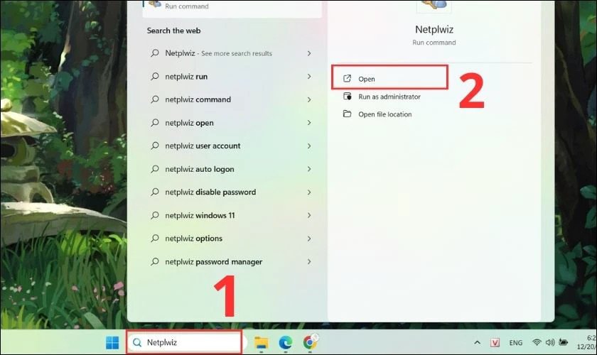 Tìm kiếm và mở Netplwiz để quản lý tài khoản người dùng và đổi mật khẩu
