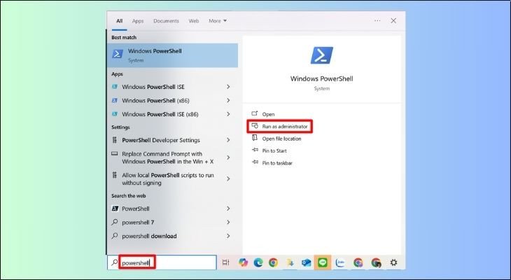Tìm kiếm và mở PowerShell để kiểm tra cấu hình laptop Win 10.