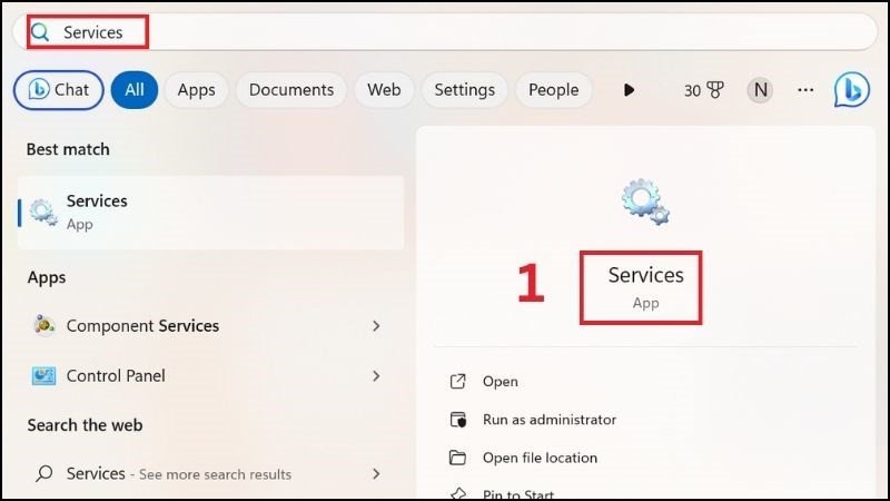 Tìm kiếm và mở Services để quản lý các dịch vụ hệ thống của Windows 11