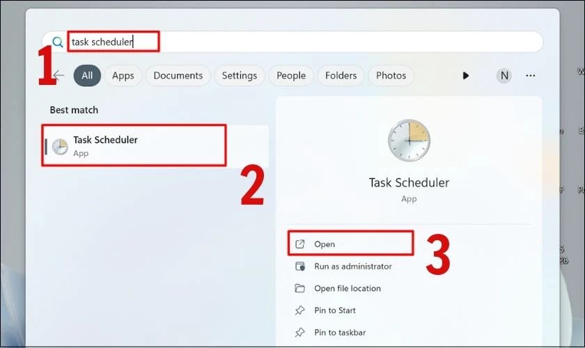 Tìm kiếm và mở Task Scheduler để hẹn giờ tắt máy laptop
