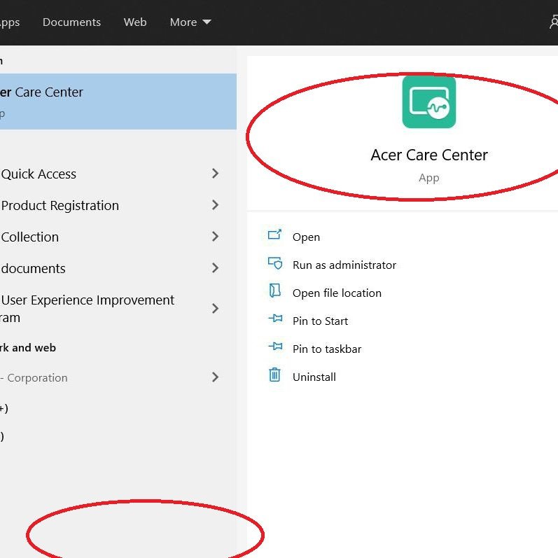 Tìm kiếm và mở ứng dụng Acer Care Center để giới hạn pin