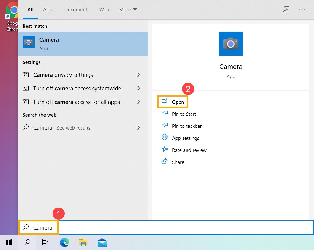Tìm kiếm và mở ứng dụng Camera mặc định của Windows 10.