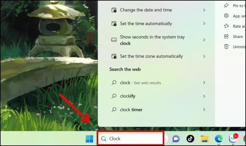 Tìm kiếm và mở ứng dụng Clock để sử dụng đồng hồ đếm ngược trên laptop Windows 10/11