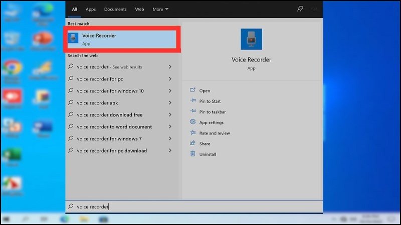 Tìm kiếm Voice Recorder trên Windows 10 để ghi âm