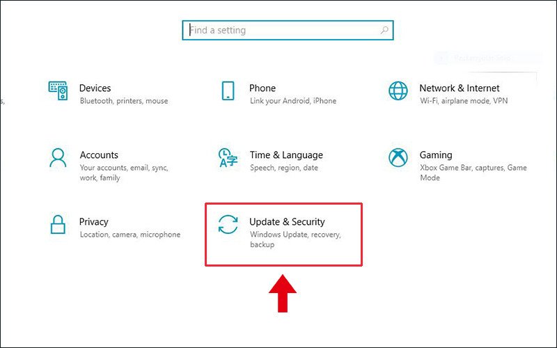 Tìm mục Cập nhật và Bảo mật