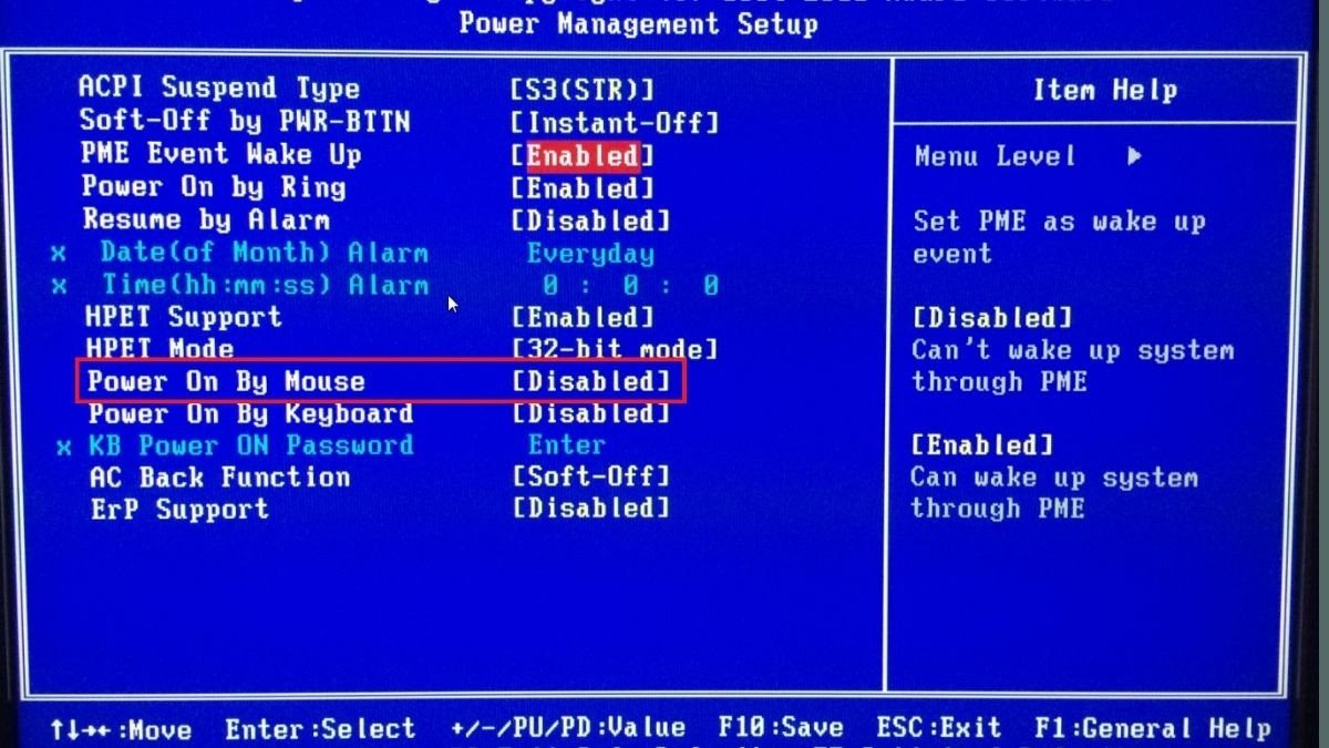 Tìm mục Power on by Mouse trong BIOS để bật laptop HP bằng chuột