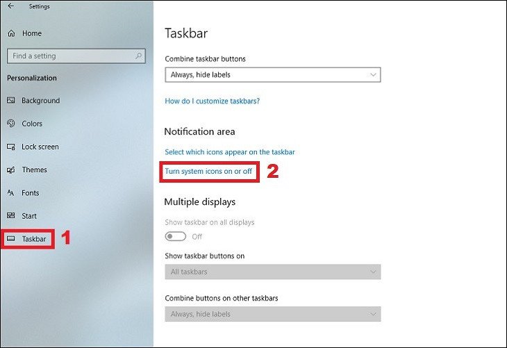 Tìm mục Taskbar trong Personalization để kích hoạt biểu tượng pin