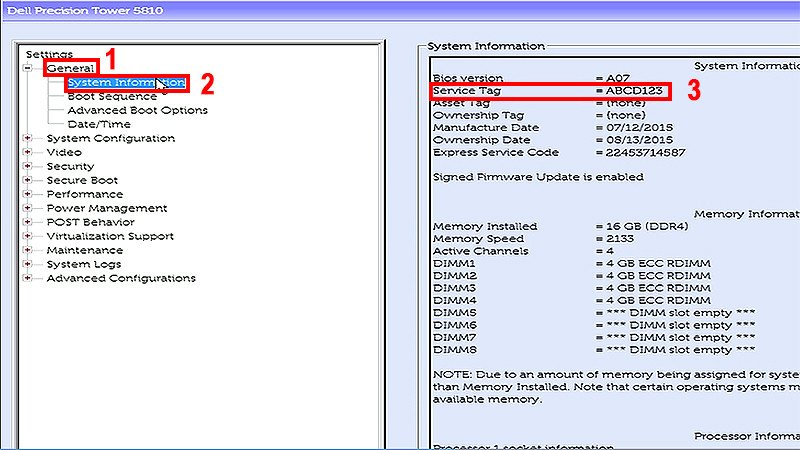 Tìm Service Tag Dell trong mục System Information của BIOS để xác định thông tin bảo hành