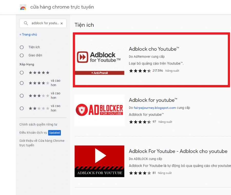 Tìm tiện ích Adblock for YouTube để nghe nhạc không quảng cáo trên laptop