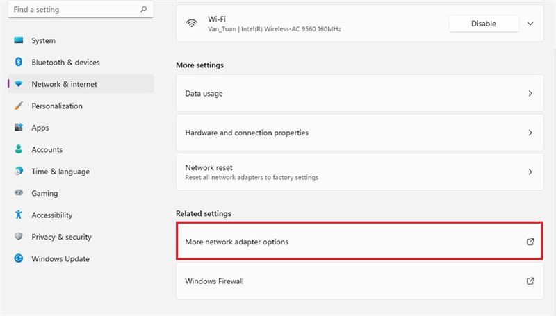 Tìm tùy chọn bộ điều hợp mạng để xem mật khẩu wifi đã lưu trên laptop win 11