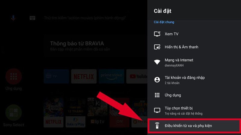 Tìm và chọn Điều khiển từ xa và phụ kiện trên tivi để cấu hình Bluetooth