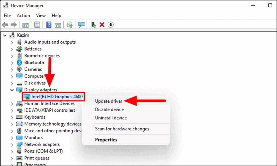 Tìm và chọn Update driver để xử lý lỗi laptop bị đen màn hình chỉ thấy chuột Win 11
