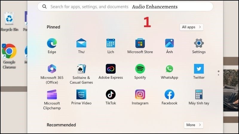 Tìm và mở Audio Enhancements trong Start để tùy chỉnh âm thanh