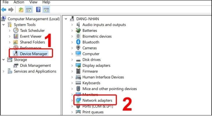 Tìm và mở rộng mục Network adapters để khắc phục lỗi laptop không hiển thị biểu tượng wifi