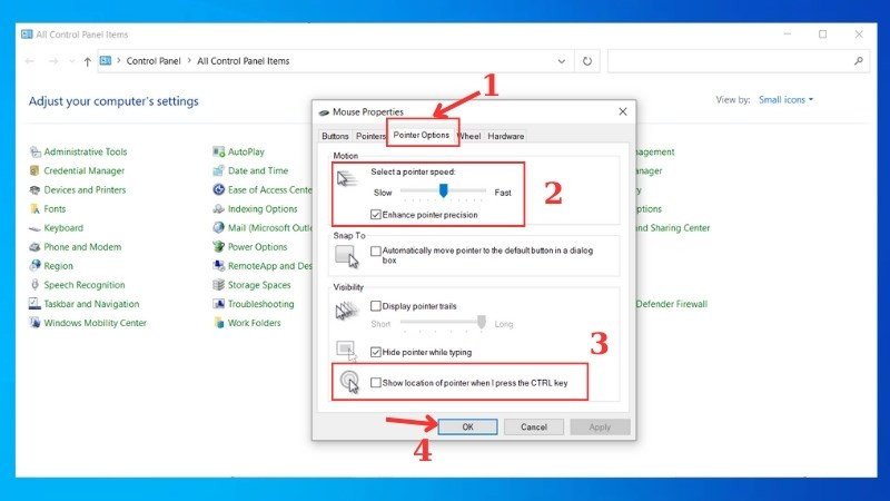 Tinh chỉnh Pointer Options cho màn hình phụ laptop