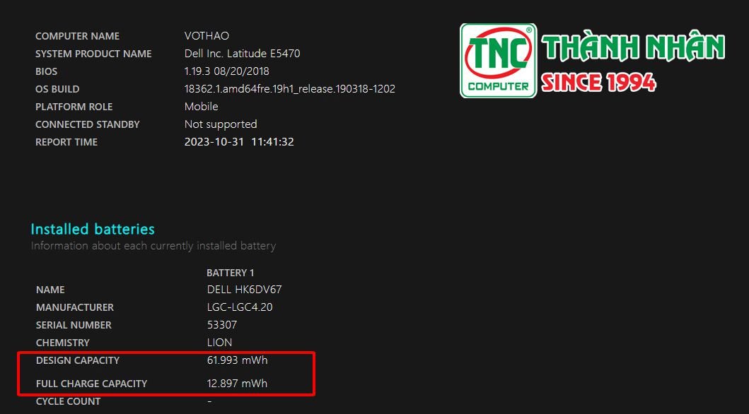 Tính toán độ chai pin máy tính Dell