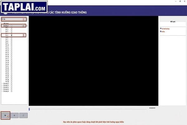 Tổng quan các bước ôn tập theo tình huống, từ chọn chương, tình huống đến nhấn Play và xem kết quả