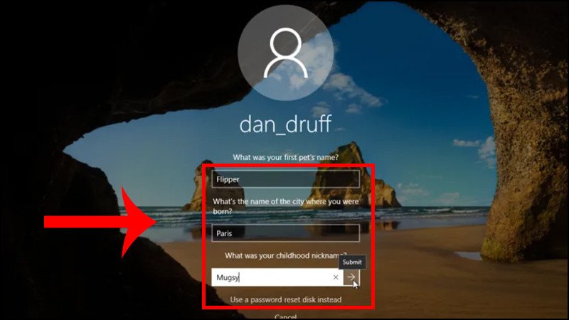 Trả lời câu hỏi bảo mật để đặt lại mật khẩu
