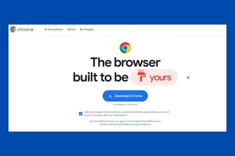 Trang chủ để tải Google Chrome về laptop với nút download