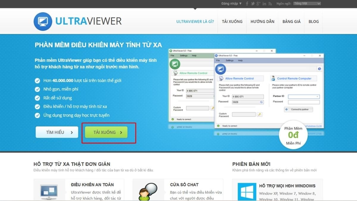 Trang chủ UltraViewer với nút tải xuống phần mềm cho máy tính
