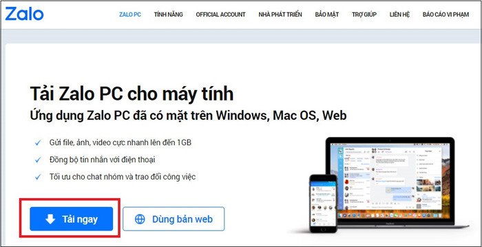 Trang chủ Zalo hiển thị nút Tải ngay lớn, hướng dẫn tải Zalo cho laptop