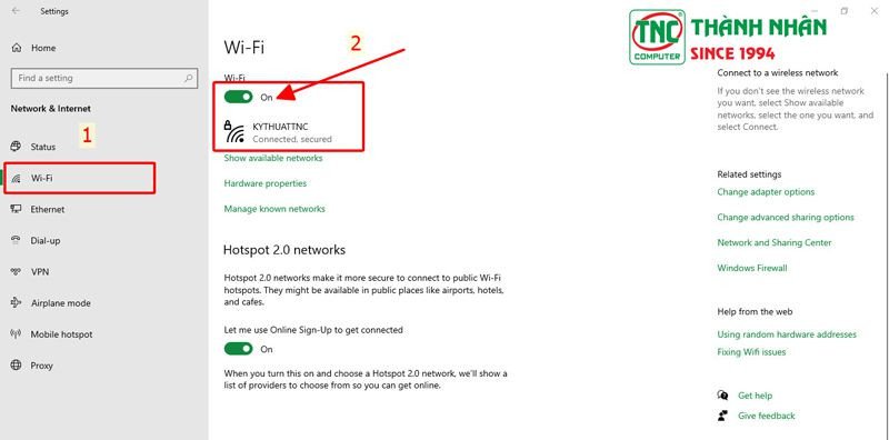 Trạng thái bật tắt Wi-Fi trong cài đặt Windows trên laptop Dell