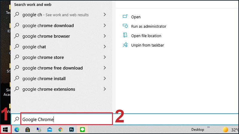 Trang tìm kiếm Windows hiển thị kết quả tìm kiếm Google Chrome