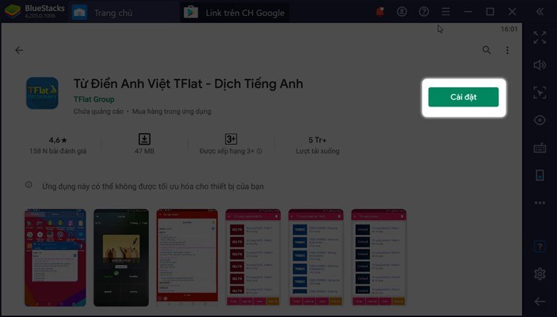 Trang ứng dụng Từ điển Anh Việt TFlat với nút Cài đặt để tải về laptop