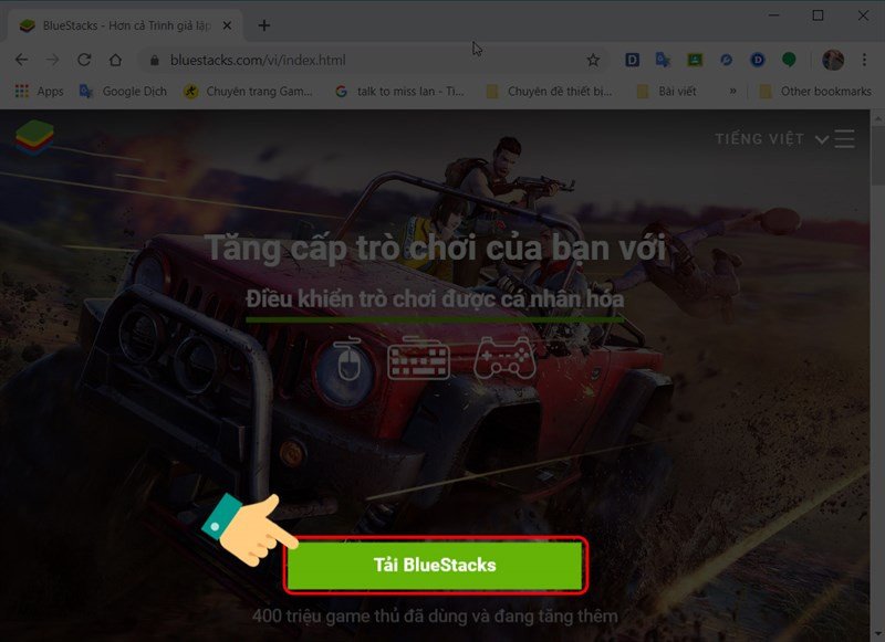 Trang web chính thức của BlueStacks với nút tải xuống phần mềm giả lập Android