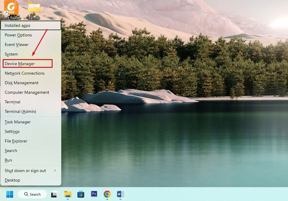 Trình quản lý Thiết bị (Device Manager) của Windows 11, hiển thị danh sách bộ điều hợp mạng cần cập nhật driver Wi-Fi.
