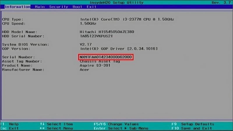 Trong BIOS/UEFI, di chuyển đến thẻ Information để tìm thông tin model và serial