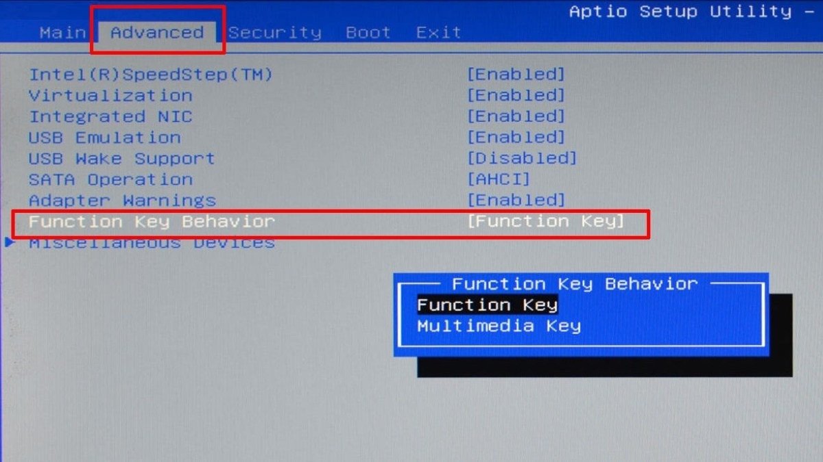 Trong giao diện BIOS, tìm đến mục Advanced > Function Key Behavior