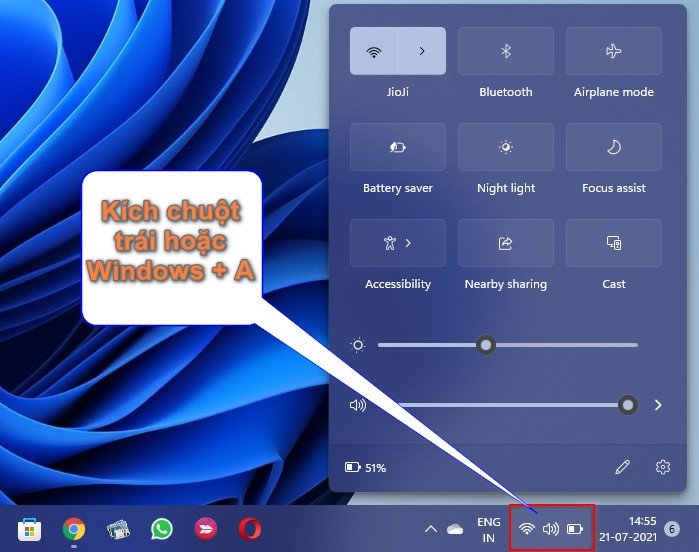 Trung tâm hành động Quick Settings trên Windows 11 với nút bật tắt chế độ tiết kiệm pin.