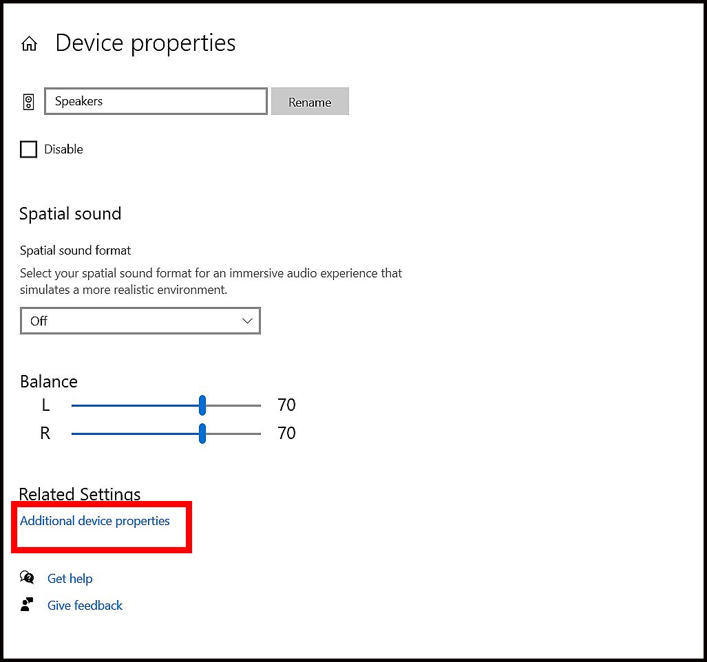 Truy cập Additional device properties để điều chỉnh nâng cao cho loa laptop