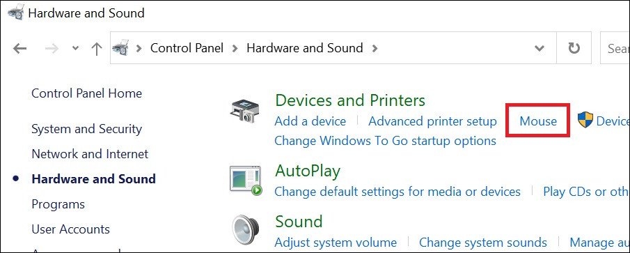 Truy cập cài đặt Mouse (Chuột) trong Devices and Printers để điều chỉnh tốc độ.