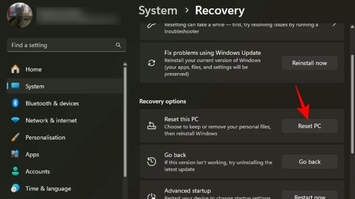 Truy cập cài đặt Reset PC trên Windows 11 để reset laptop Dell