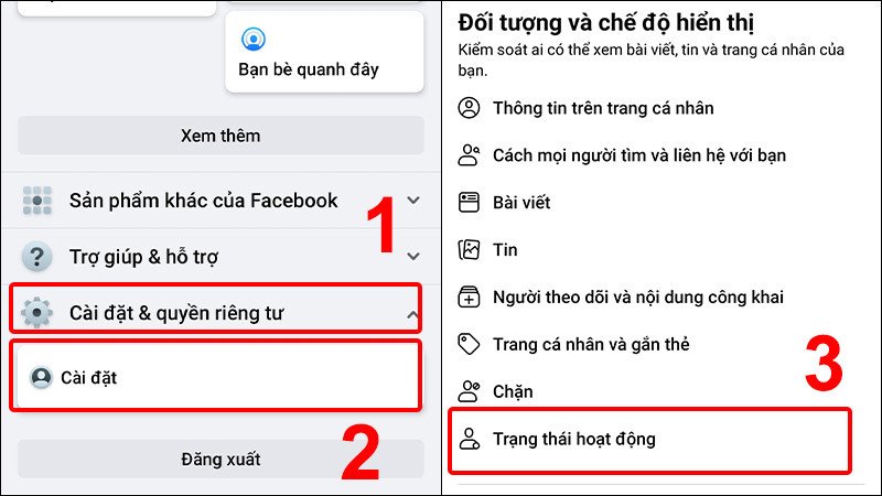 Truy cập cài đặt 'Trạng thái hoạt động' trên ứng dụng Facebook để quản lý quyền riêng tư.